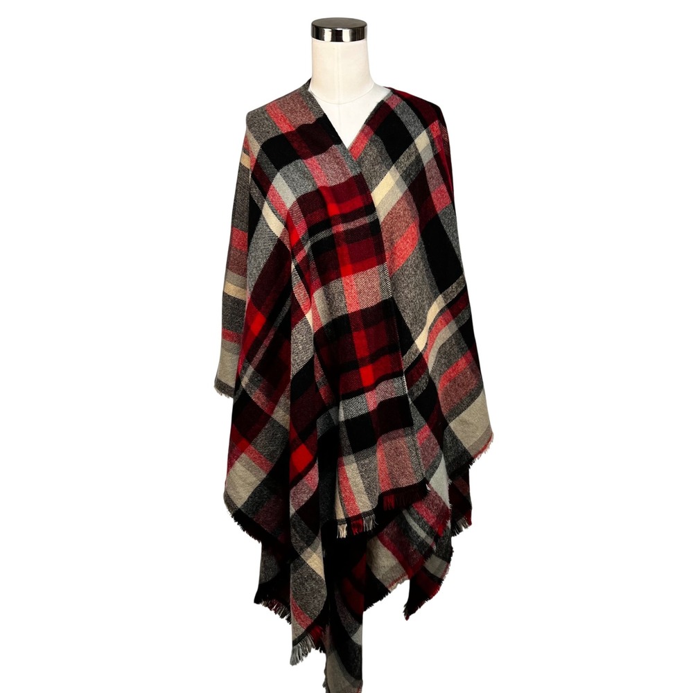 Soft Surroundings Plaid Poncho Red Black Shawl Cape Women OS Fringed Preppy Fall